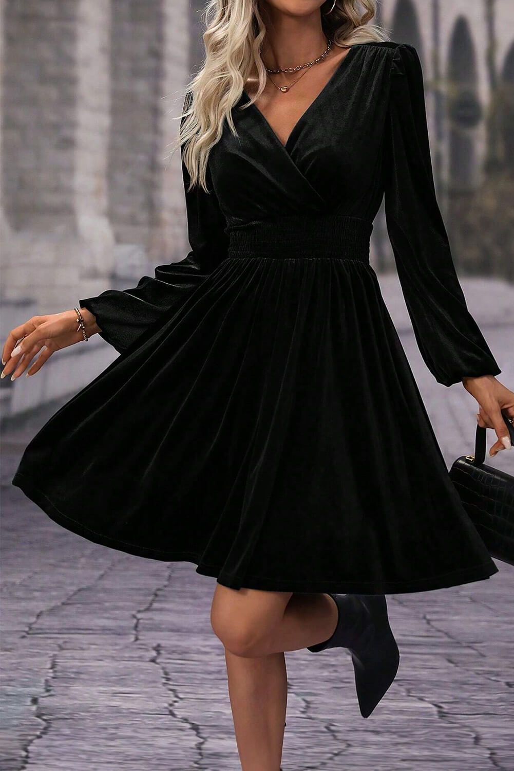 Black Velvet Long Sleeve Surplice High Waist Mini Dress – Fashion By Maya