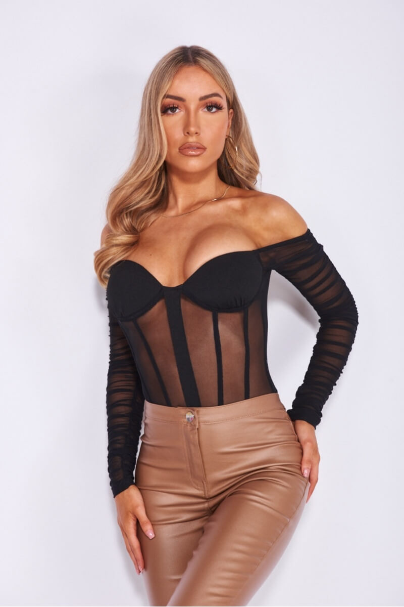 Black Bustier Long Sleeve Mesh Bodysuit