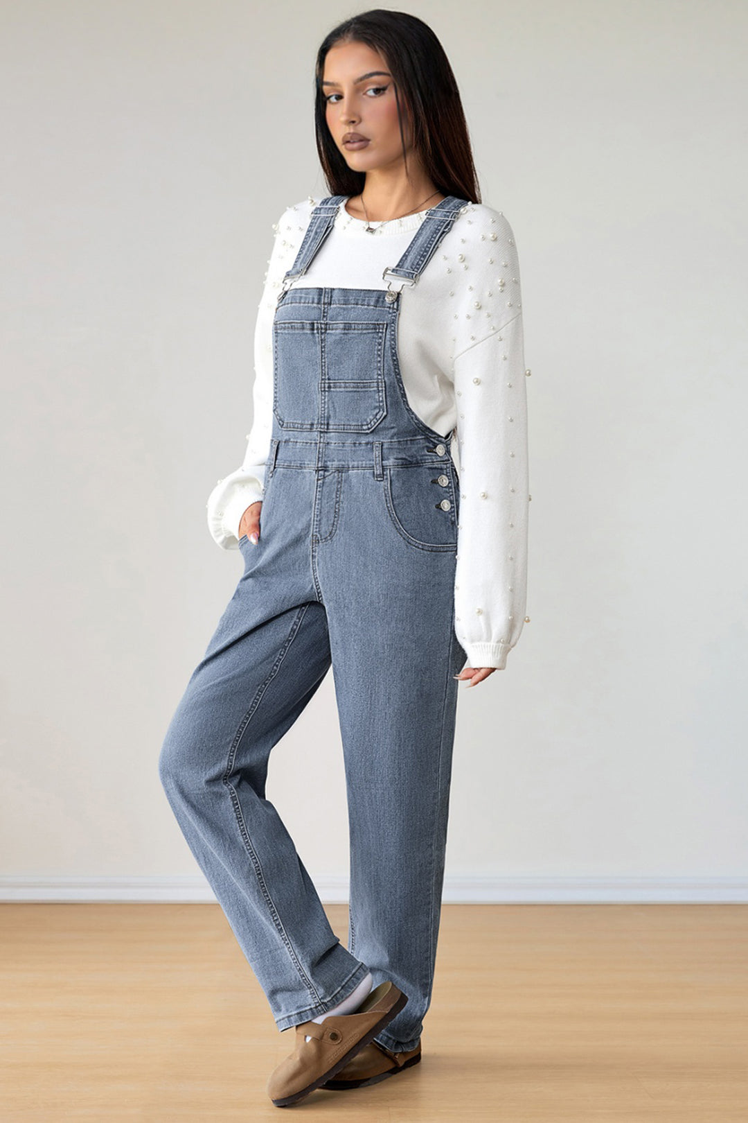 Light Blue Retro Bib Pocket Buckle Straps Casual Denim Jumpsuit