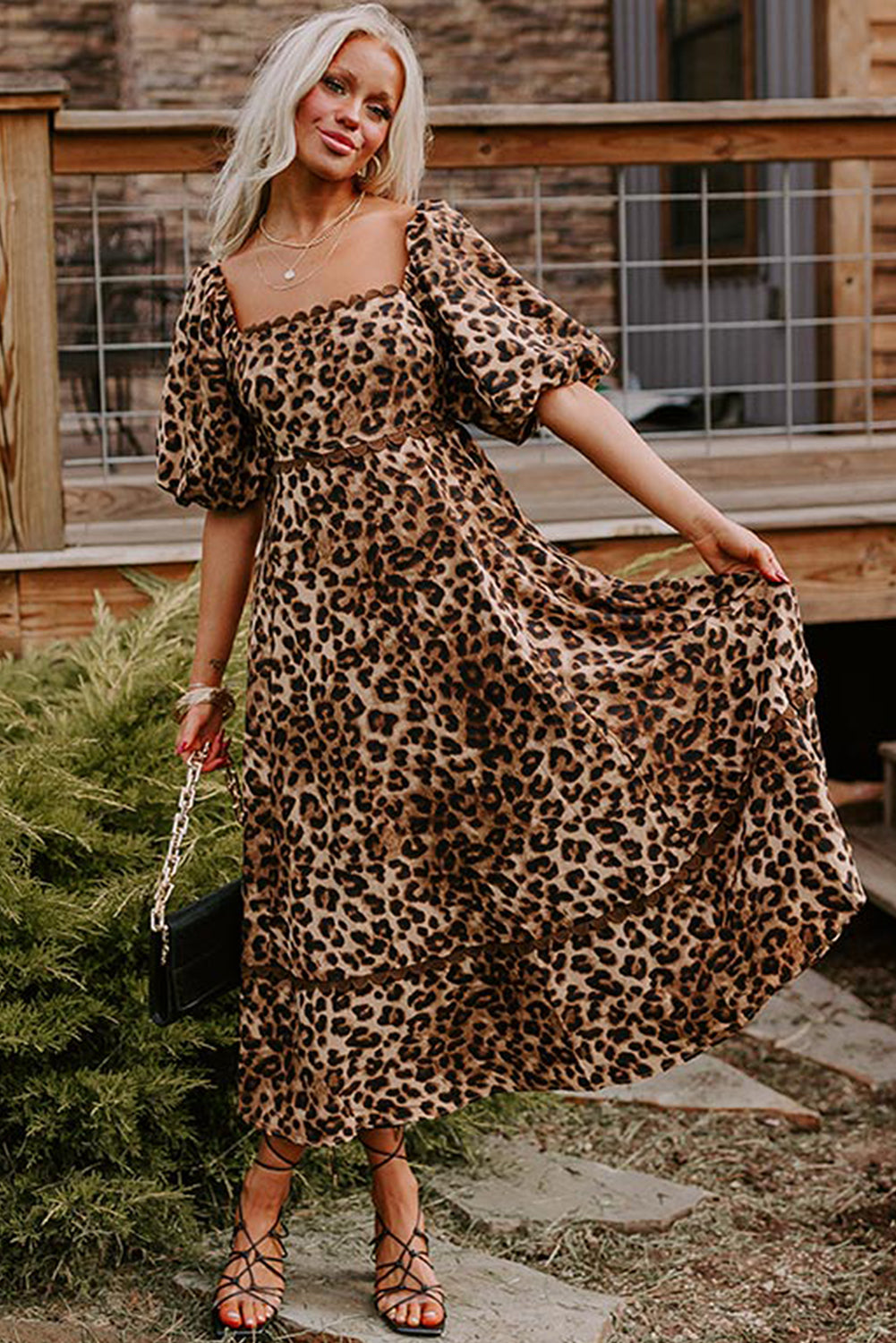 Brown Leopard Print Bubble Sleeve Square Neck Maxi Dress Fashion By Maya Brown Leopard Print Bubble Sleeve Square Neck Maxi Dress Fashion By Maya