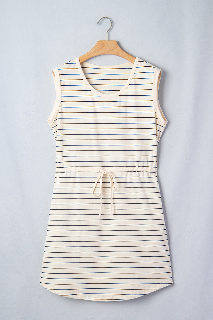 Beige Stripe Drawstring Tunic Tank Mini Dress with Pockets