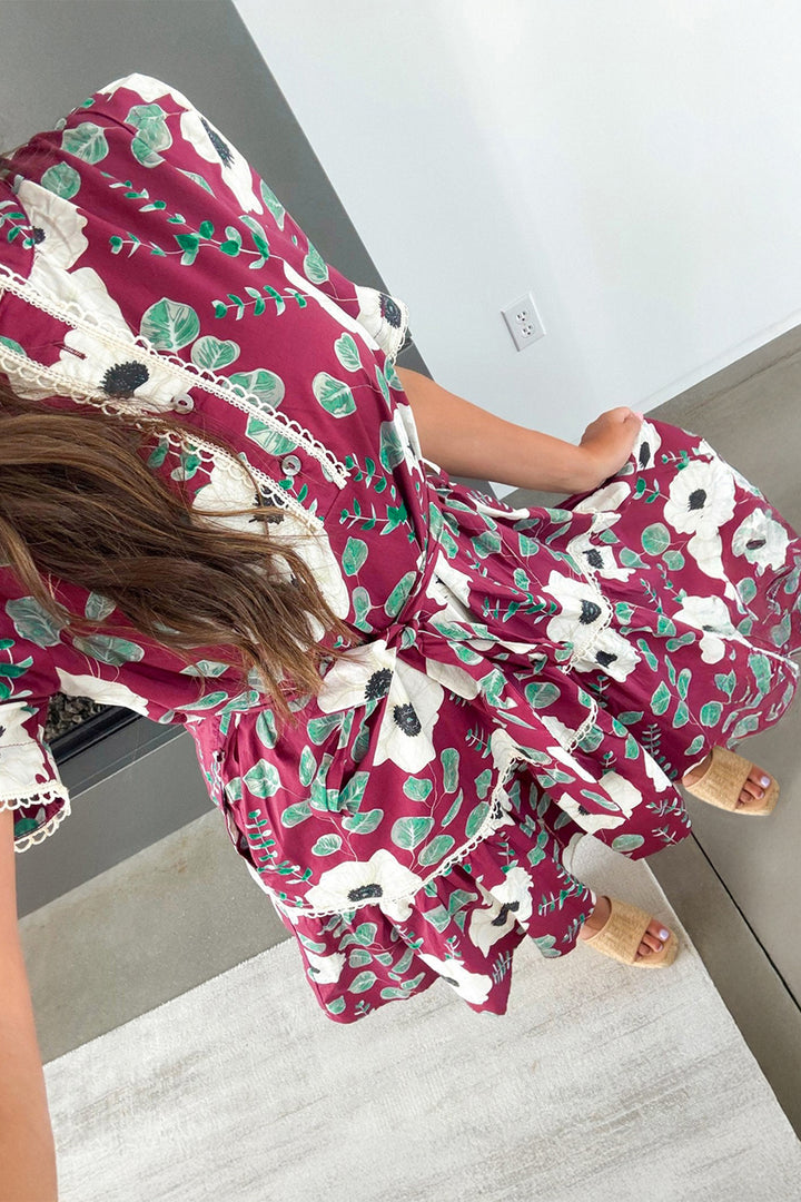 Red Floral Print Trimmed Short Puff Sleeve Mini Dress with Belt