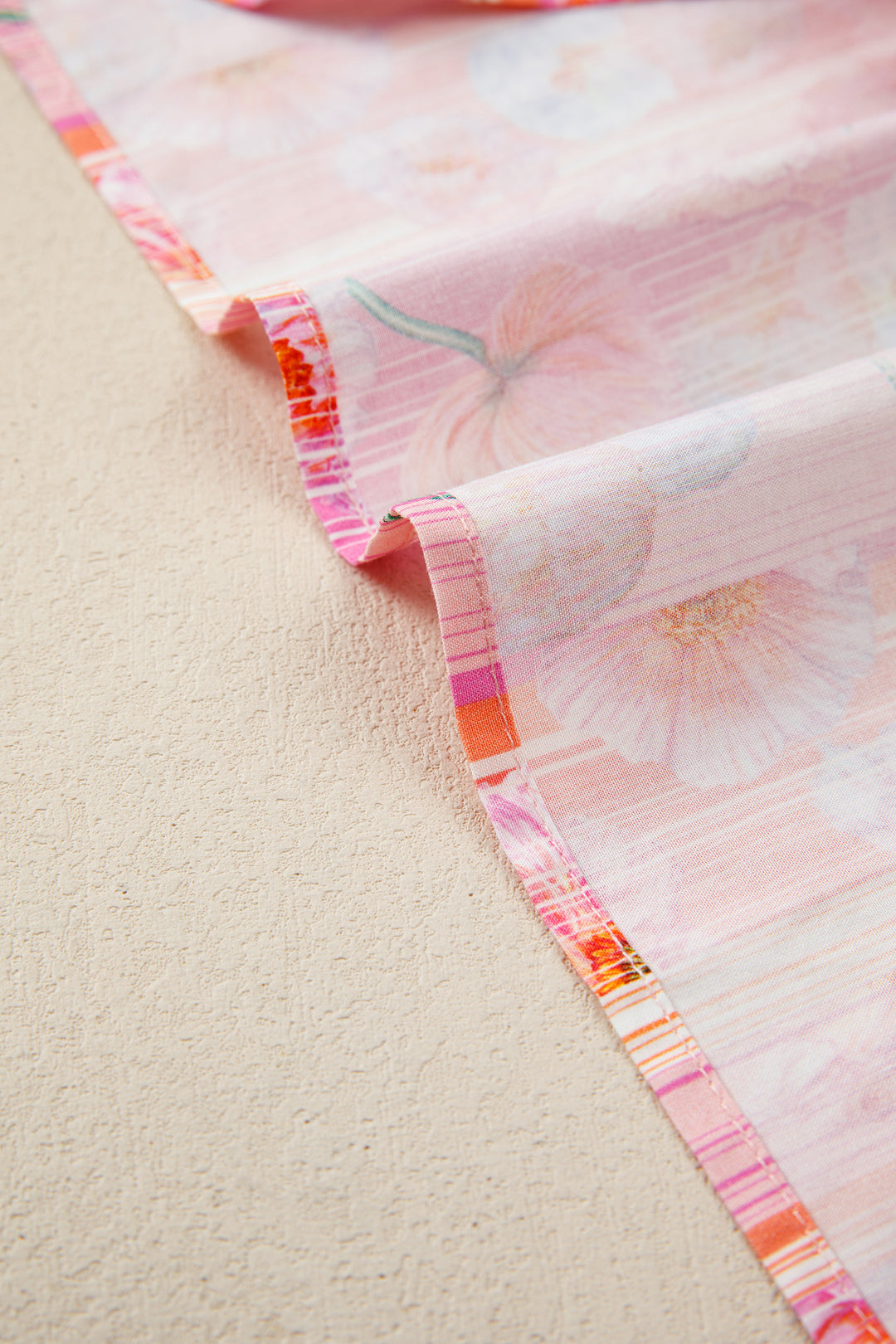 Pink Poppy Flower Striped Print Color Block Trim V Neck Short Sleeve Blouse