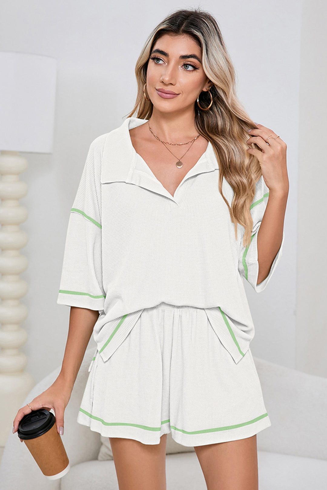 White Breathable Waffle Color Block Trim 2pcs Casual Short Set