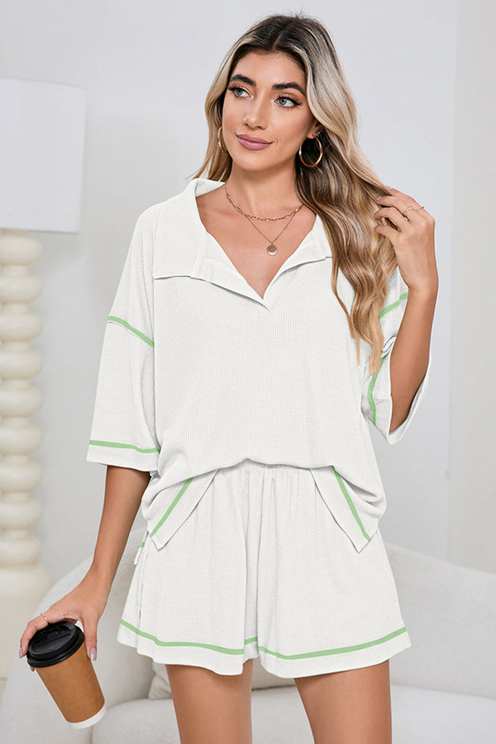 White Breathable Waffle Color Block Trim 2pcs Casual Short Set