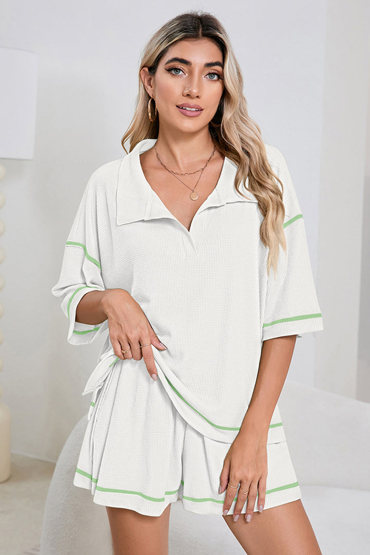 White Breathable Waffle Color Block Trim 2pcs Casual Short Set