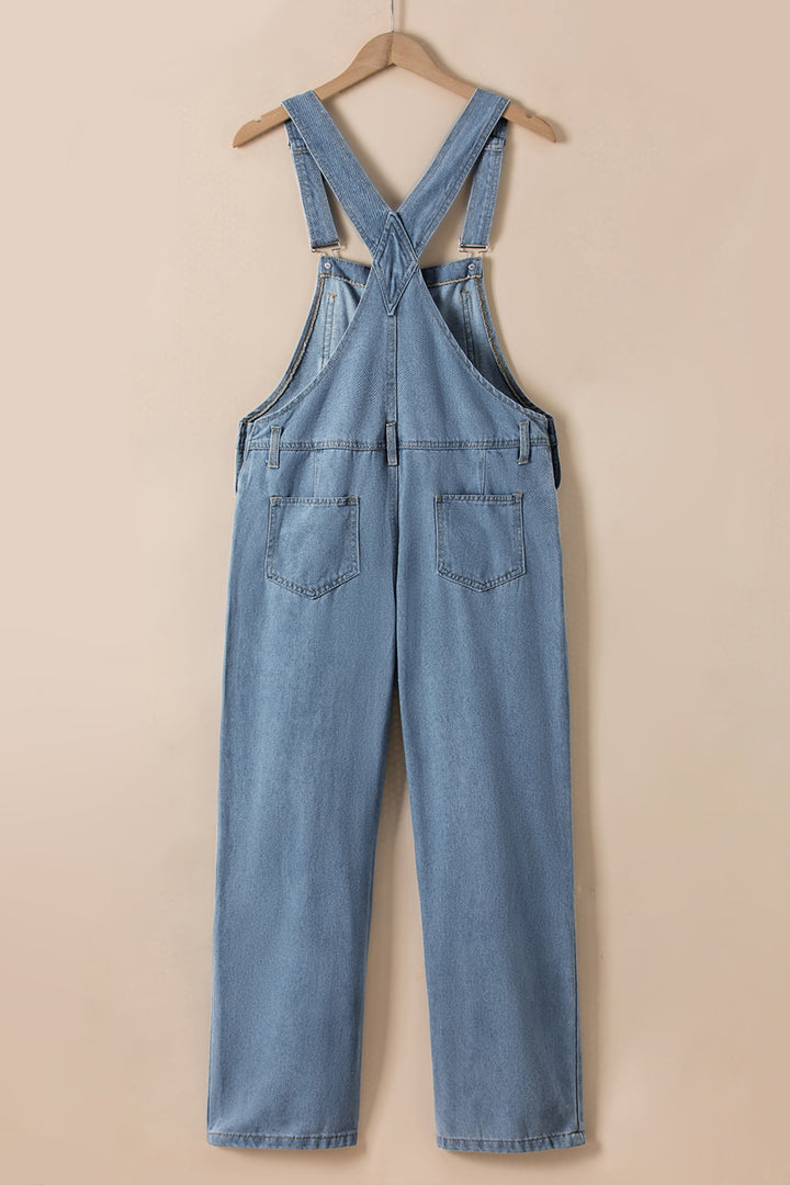 Light Blue Retro Bib Pocket Buckle Straps Casual Denim Jumpsuit