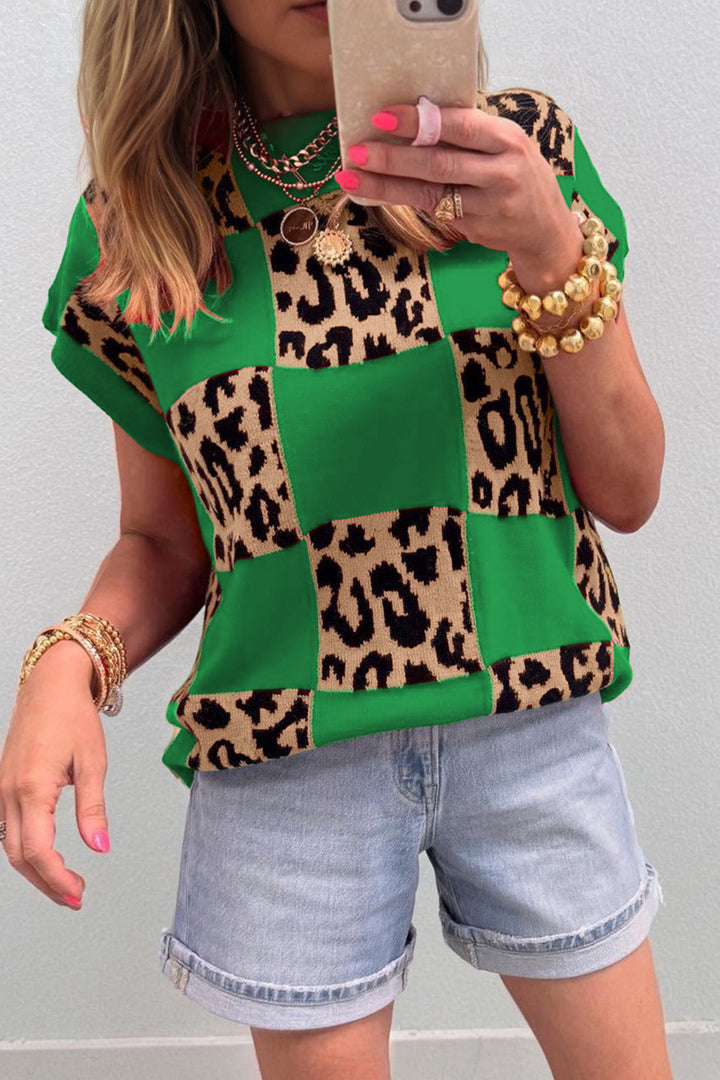 Black/Red/Green Leopard Checkerboard Short Sleeve Knit Sweater