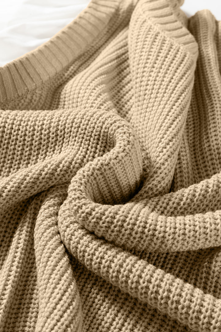 Light French Beige Round Neck Knit Contrast Short Sleeve Patchwork Sweater Top