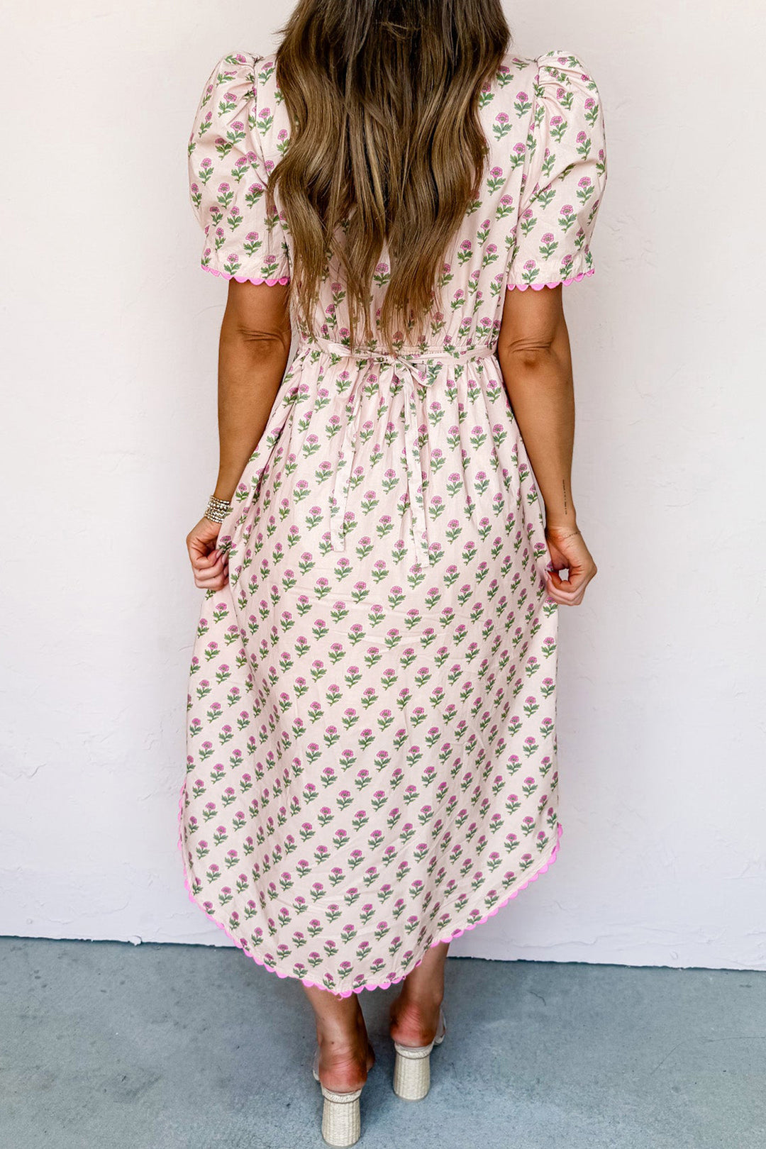 Pink Floral Print V Neck Scallop Trim Button Front Short Sleeve Long Dress