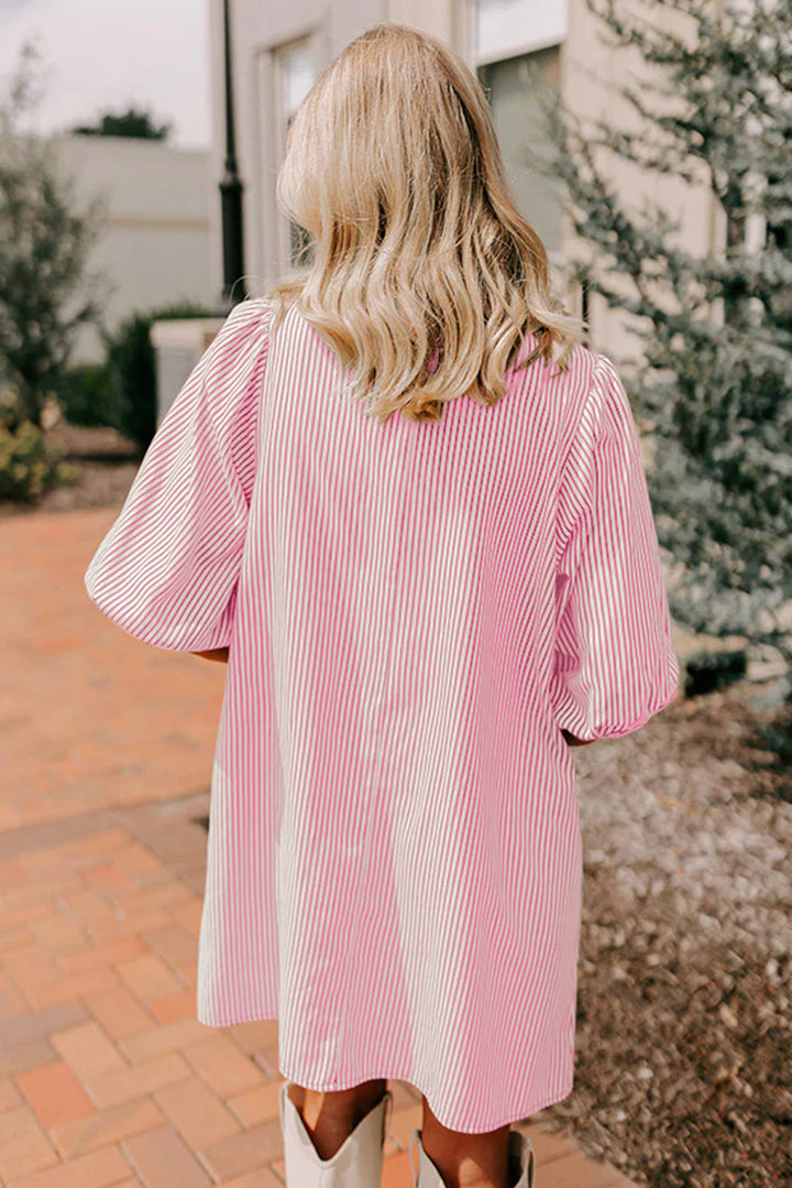 Sky Blue Stripe Color Block Patchwork Shirt Collar Button Down Puff Sleeve Mini Dress