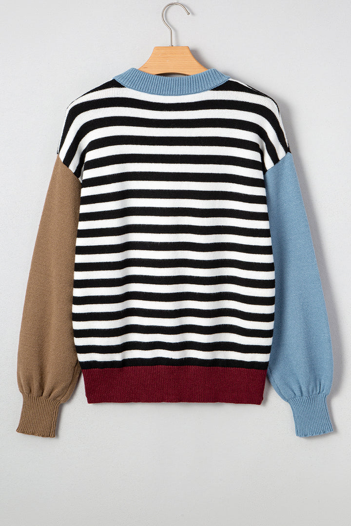 Color black Striped Panels Colorblock Sleeve Chic Sweater