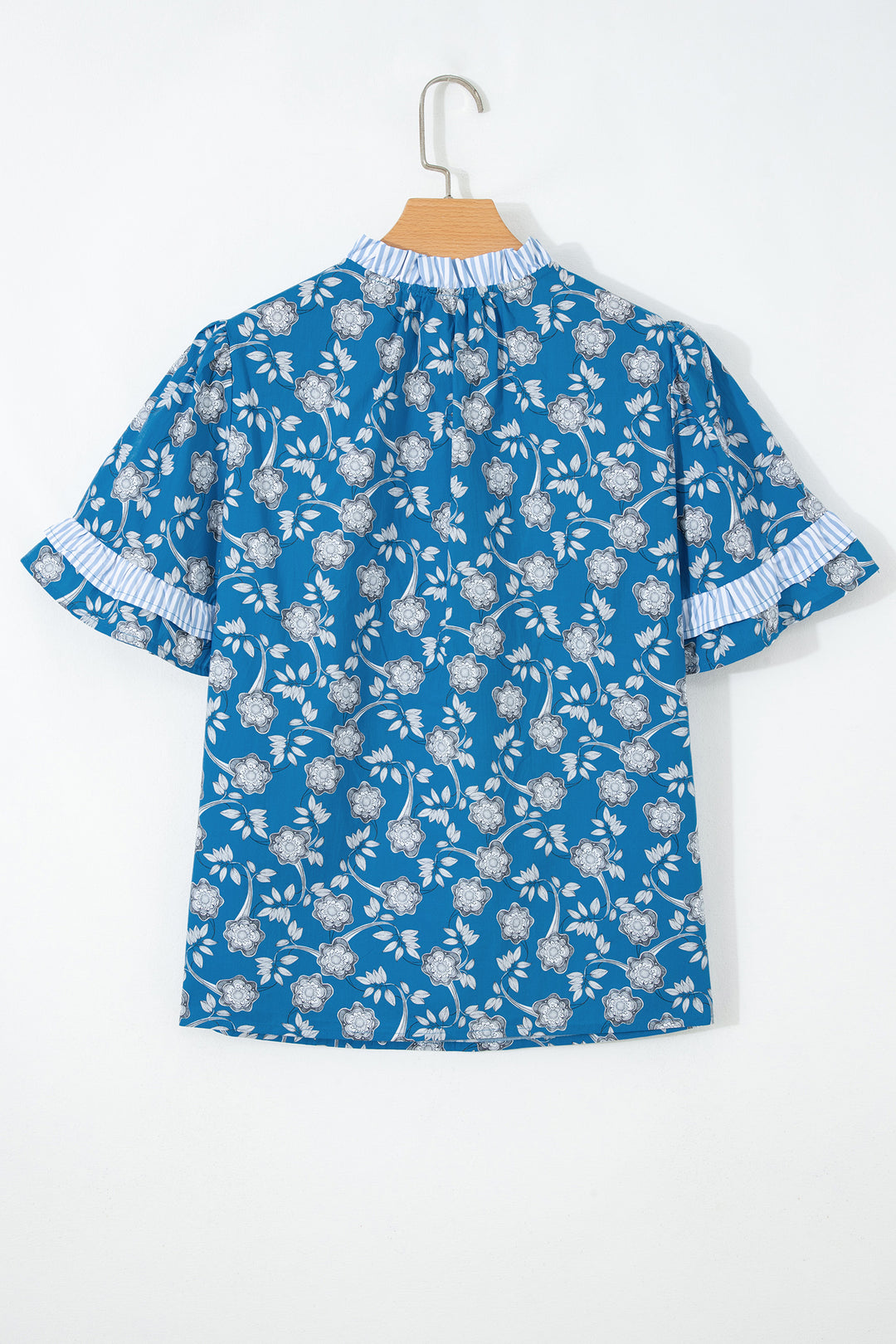 Blue Floral Print Button Tie Neck Striped Detail Short Sleeve Blouse