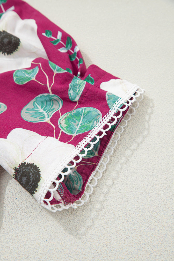 Red Floral Print Trimmed Short Puff Sleeve Mini Dress with Belt