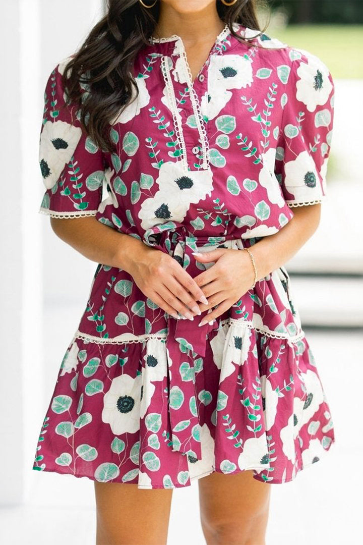 Red Floral Print Trimmed Short Puff Sleeve Mini Dress with Belt