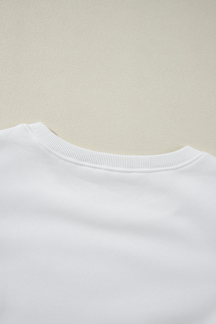 White Solid Puff Sleeve Round Neck Pullover Sweatshirt