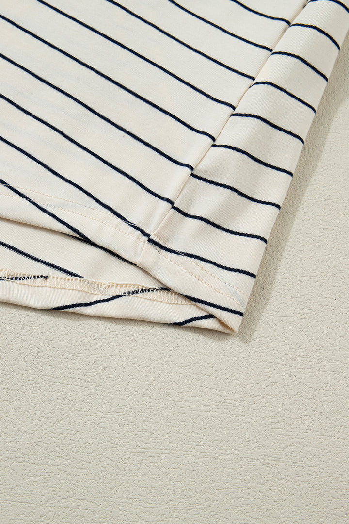 Beige Stripe Drawstring Tunic Tank Mini Dress with Pockets