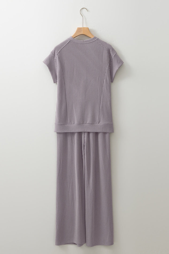 Wild Wind Solid Corded Knit Short Sleeve T Shirt and Wide Leg Pants Set