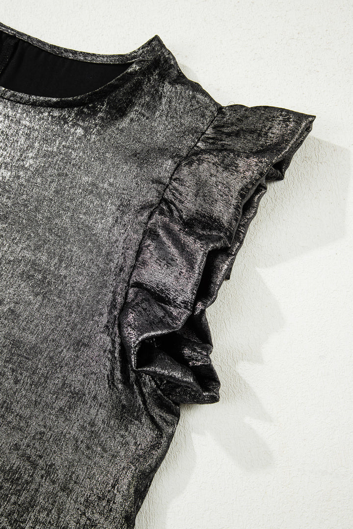 Silvery Metallic Round Neck Ruffle Trim Sleeveless Top