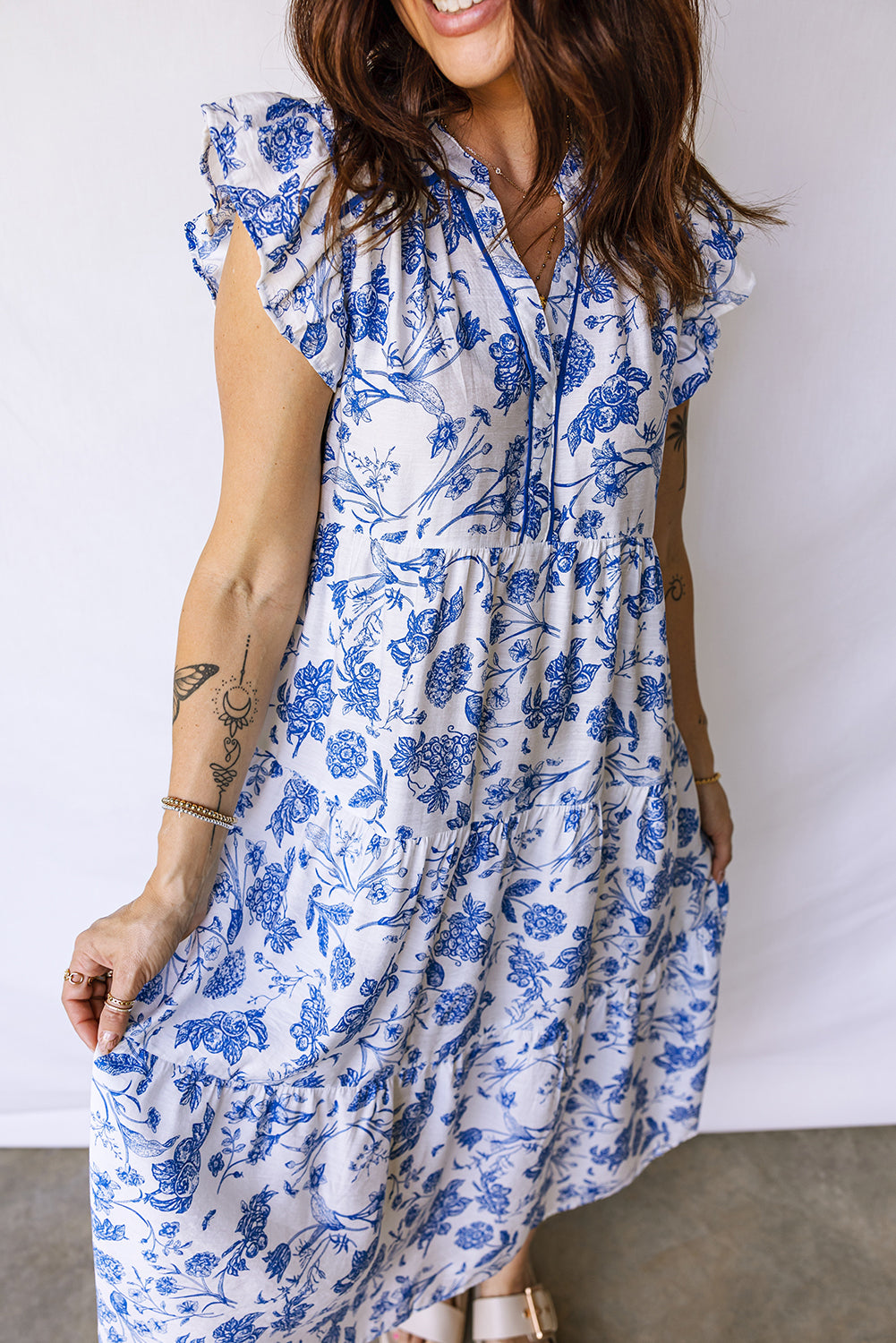 Blue Ruffled Short Sleeve Tiered Floral Midi Dress
