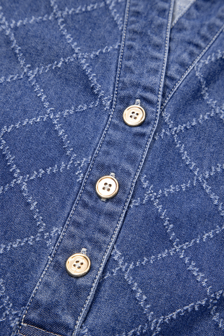 Sail Blue Rhombus Textured Collar Buttoned V Neck Denim Sleeveless Mini Dress