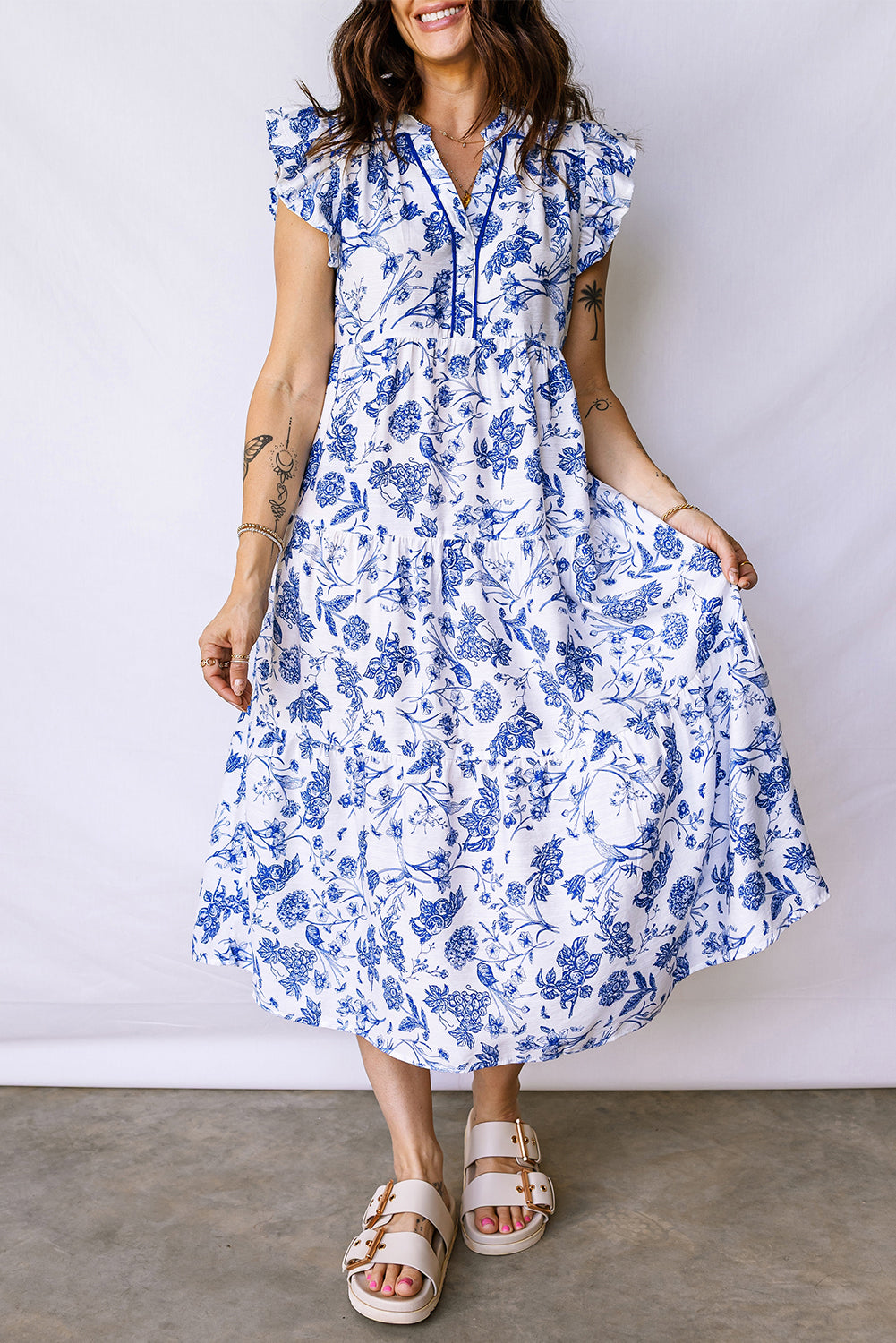 Blue Ruffled Short Sleeve Tiered Floral Midi Dress