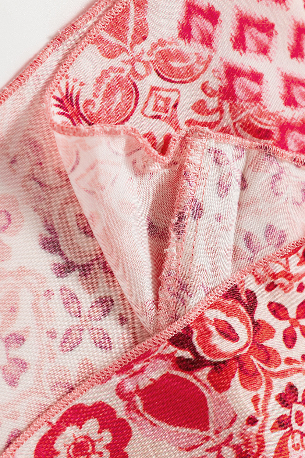 Pink Bohemian Floral Print Tassel Tie Long Sleeve Flowy Mini Dress