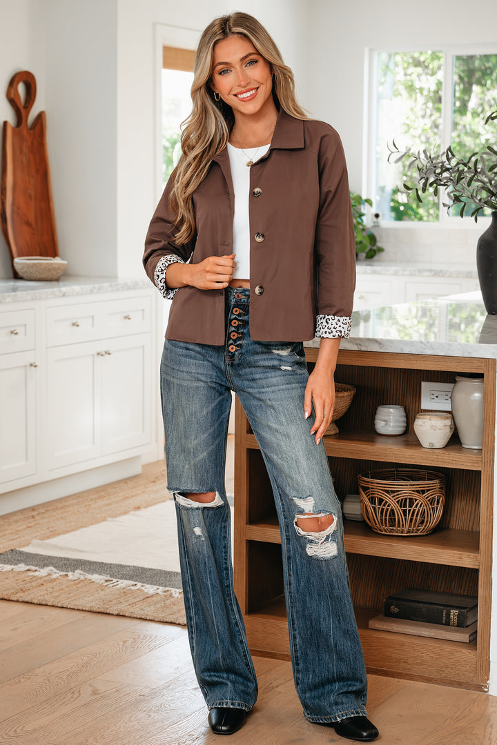 Dark Brown Collared Buttoned Leopard Liner Patchwork Chic Jacket