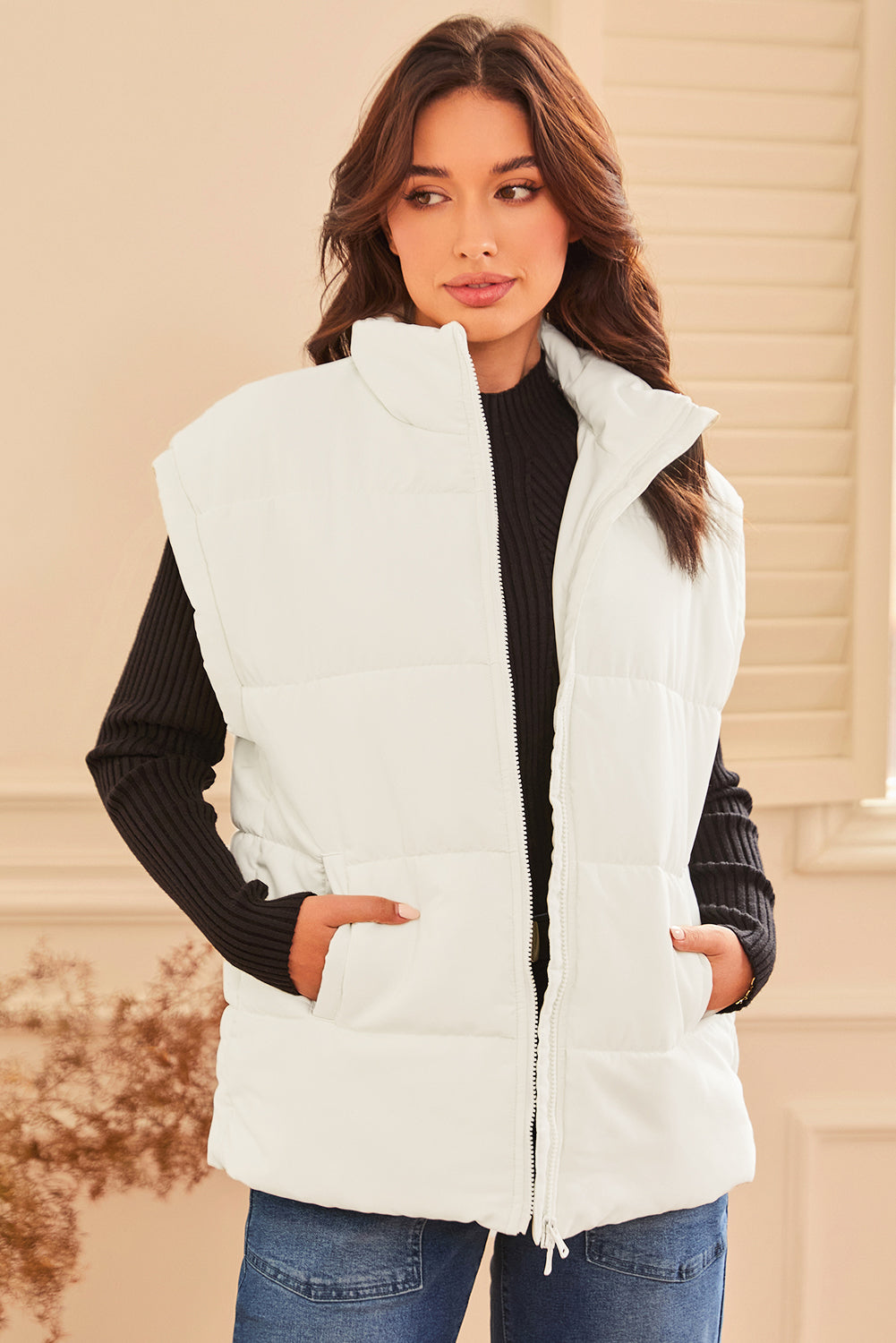 White Zipper Stand Neck Oversized Puffer Vest