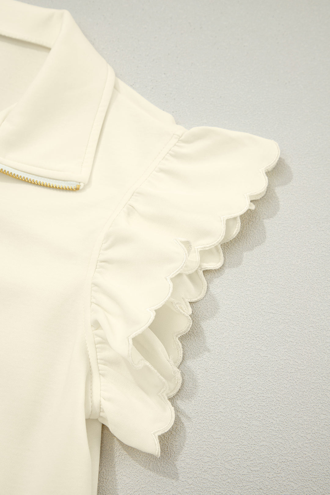 Beige Zipped up Collared Ruffled Short Sleeve Blouse