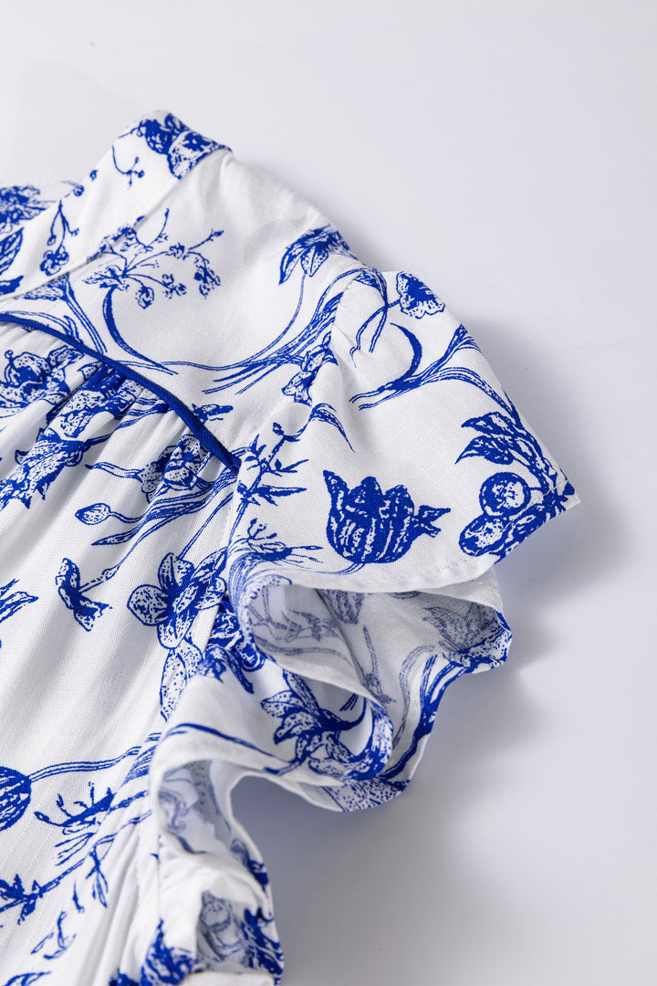 Blue Ruffled Short Sleeve Tiered Floral Midi Dress