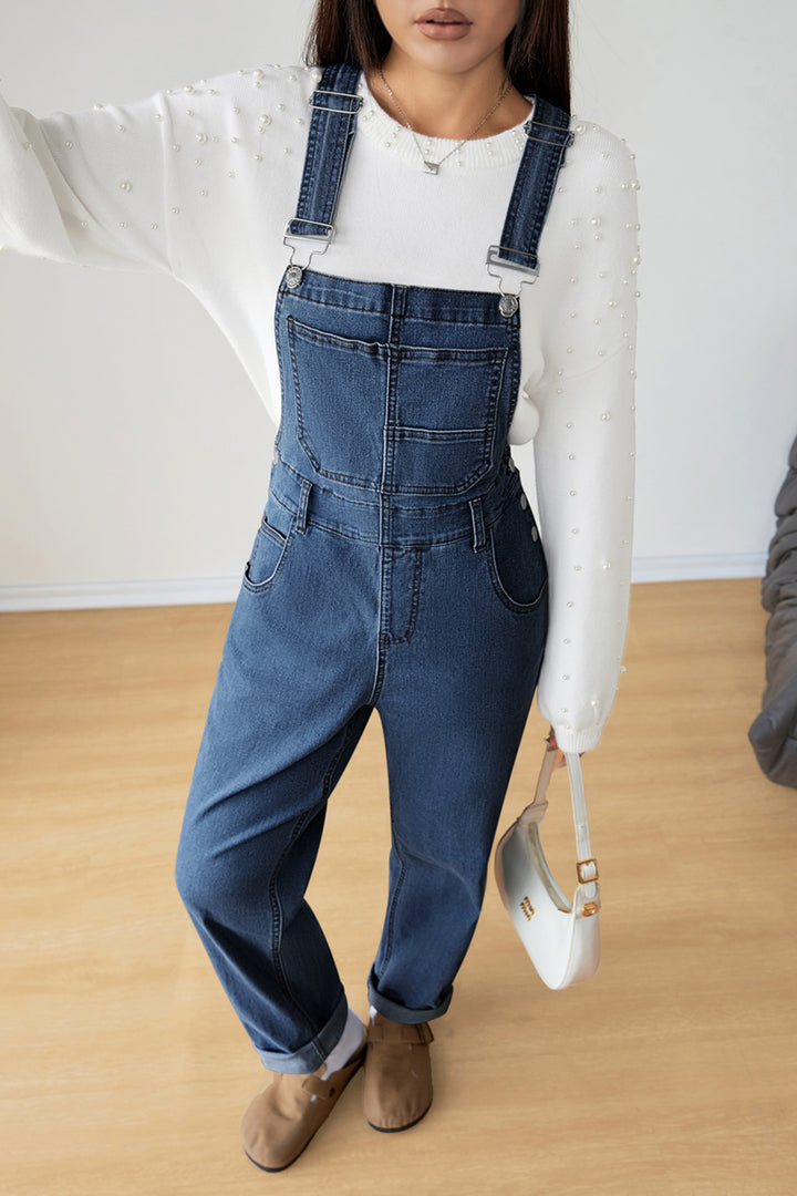 Light Blue Retro Bib Pocket Buckle Straps Casual Denim Jumpsuit
