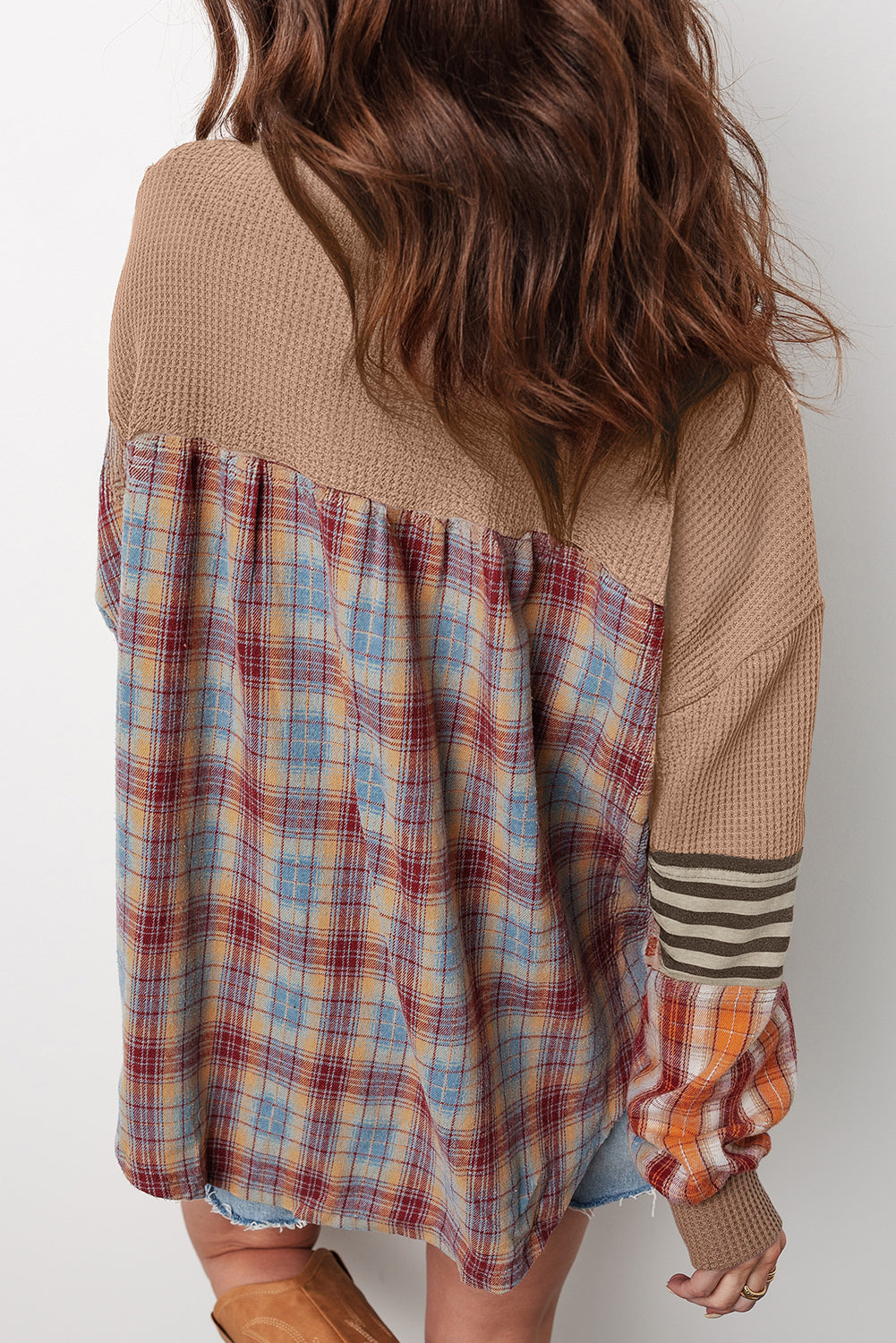 Beige Waffle Stripe Plaid Patchwork Henley Knit Top