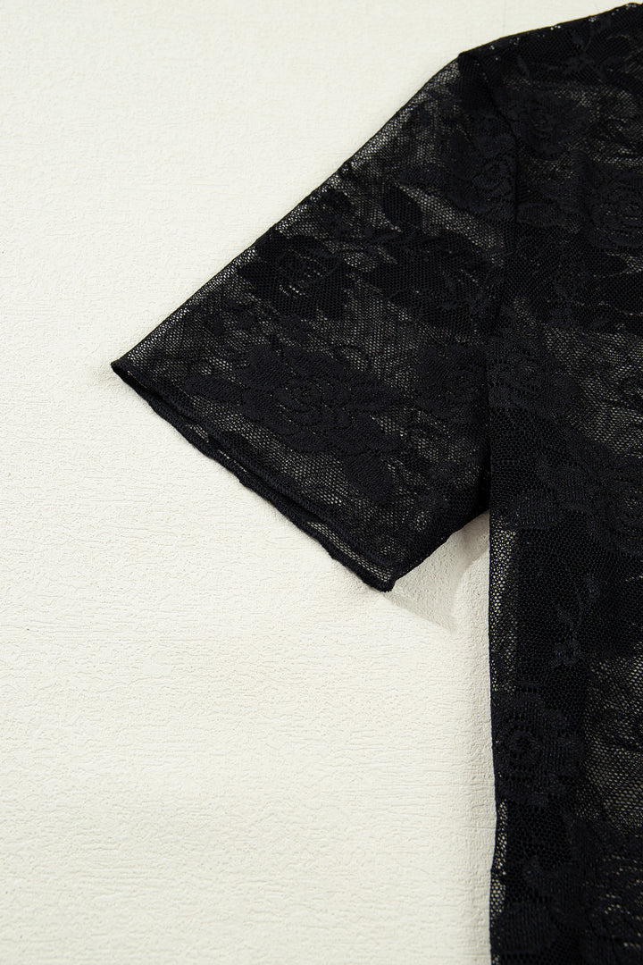 Black Floral Lace Mesh Short Sleeve Sheer Top