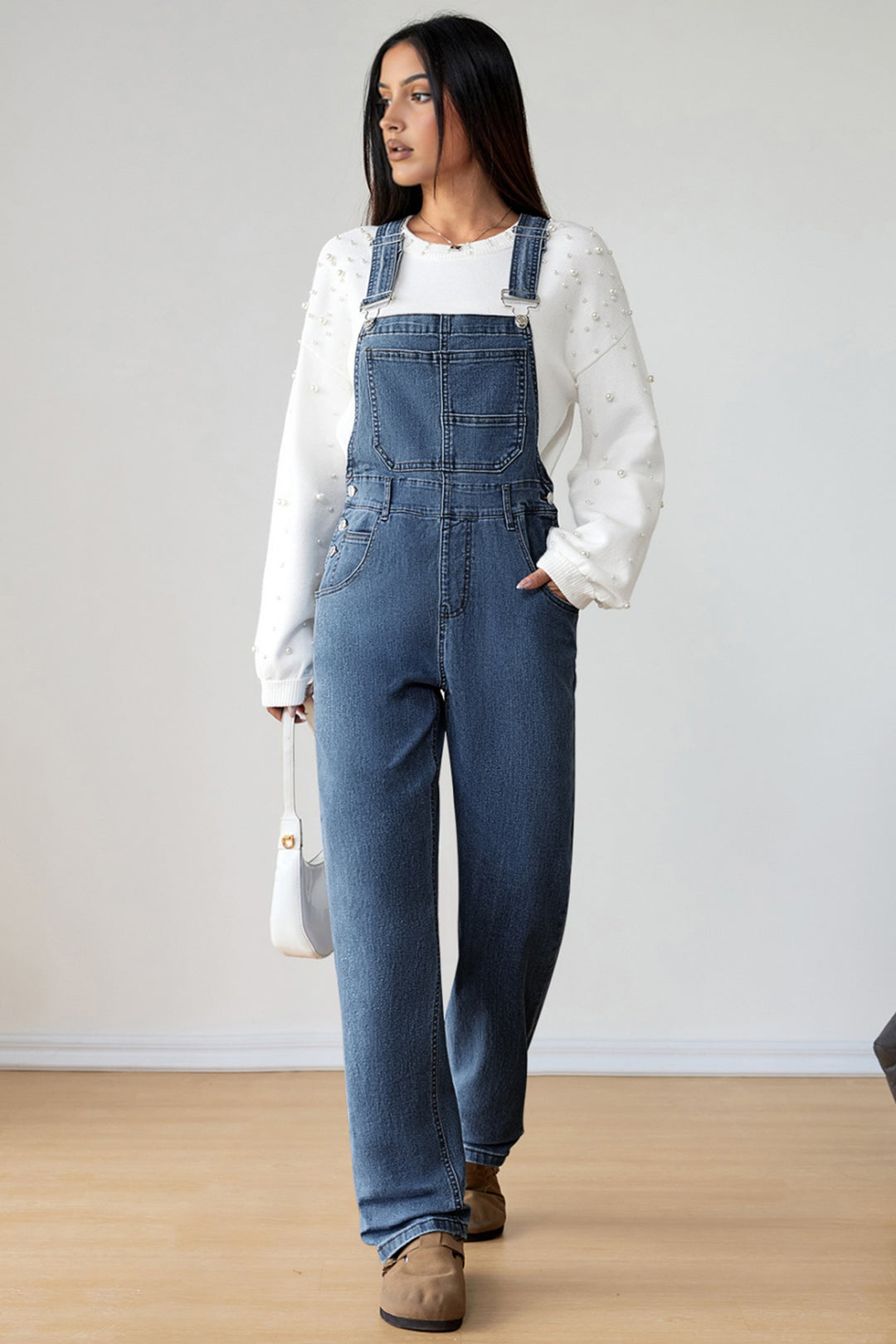 Light Blue Retro Bib Pocket Buckle Straps Casual Denim Jumpsuit