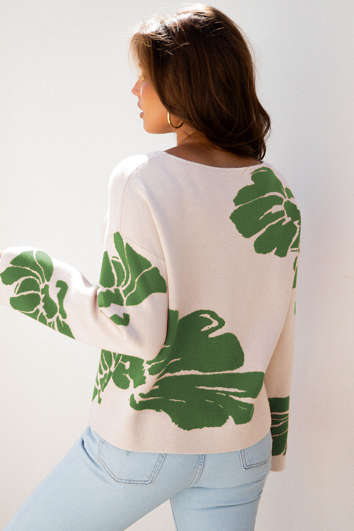 Green / Beige Bold Flower Pattern Wide Sleeve Baggy Sweater