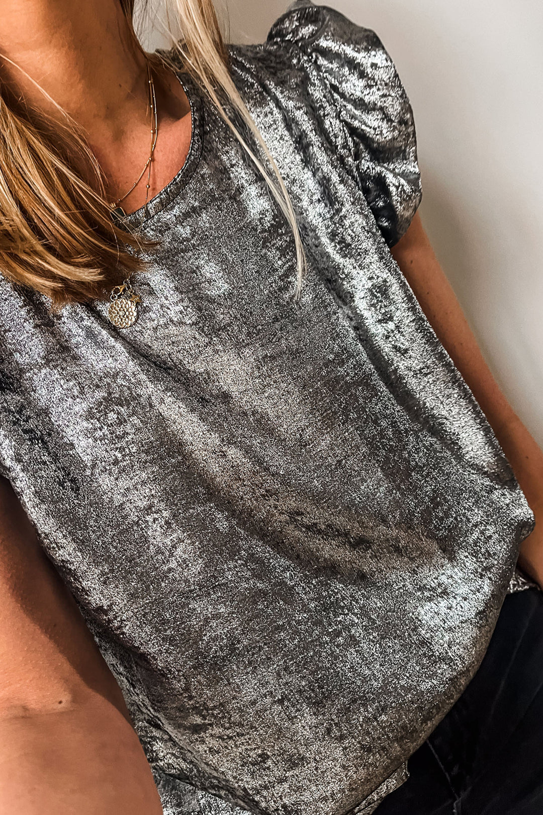 Silvery Metallic Round Neck Ruffle Trim Sleeveless Top