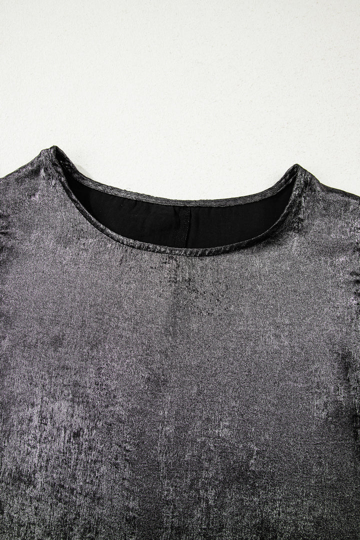 Silvery Metallic Round Neck Ruffle Trim Sleeveless Top