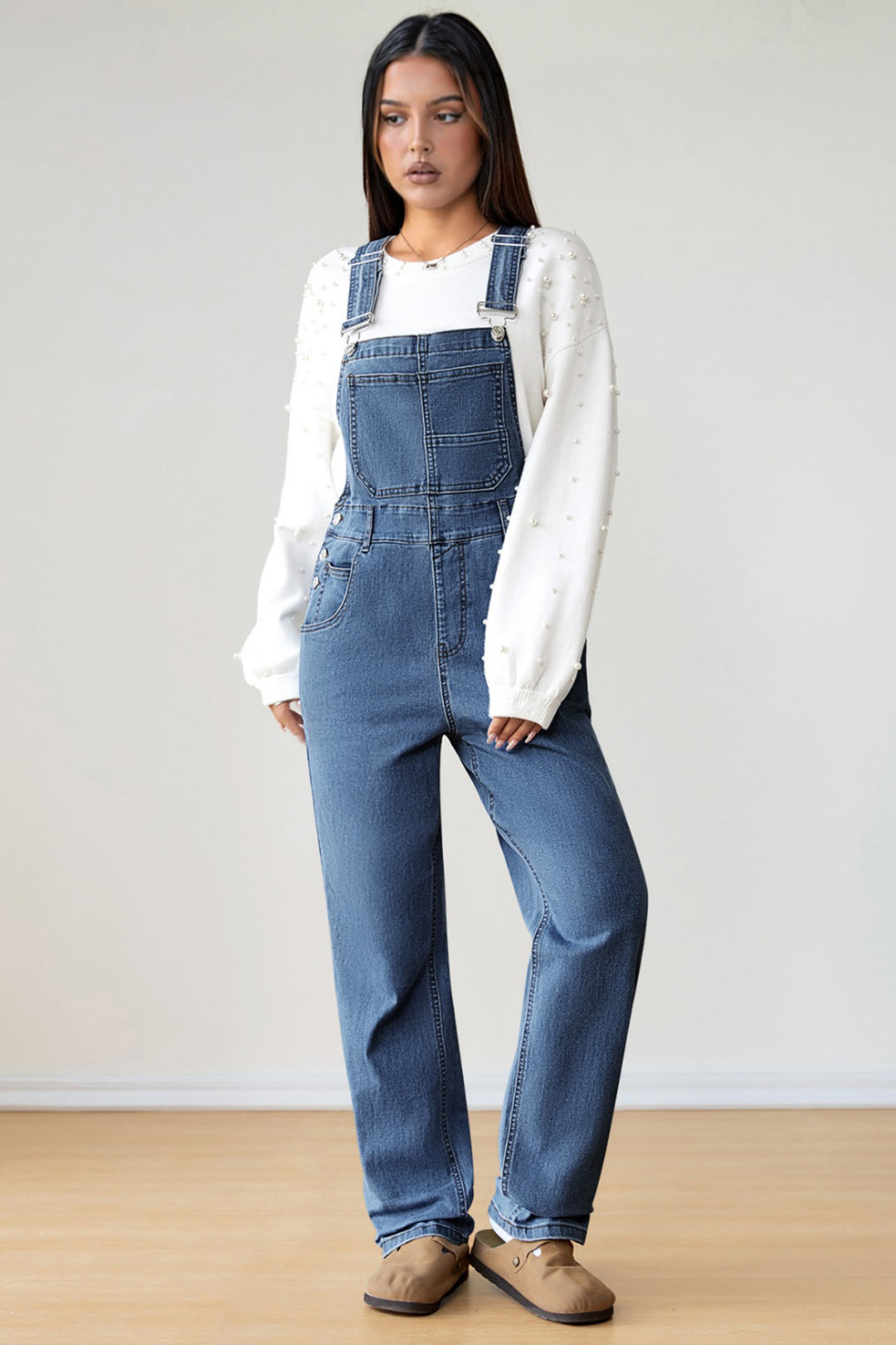 Light Blue Retro Bib Pocket Buckle Straps Casual Denim Jumpsuit