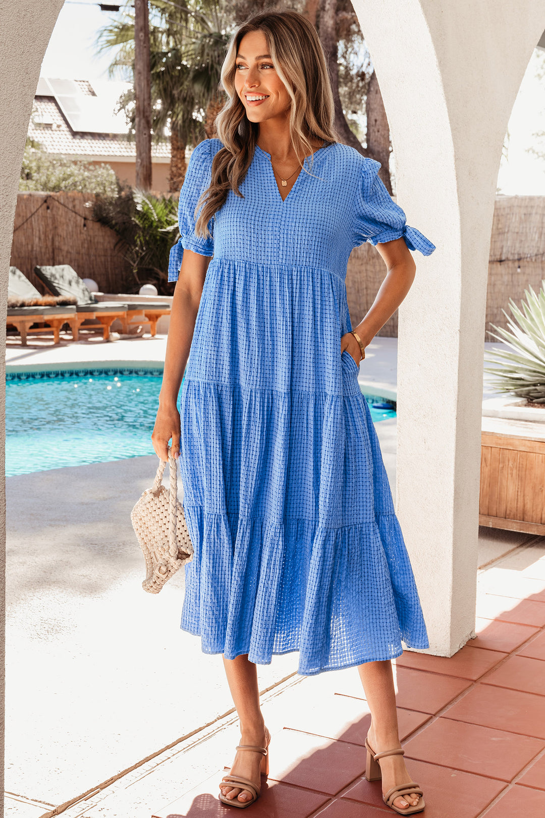 Dusk Blue Gingham Textured Bow Tie Short Sleeve Tiered Midi Dress – Fashion By Maya