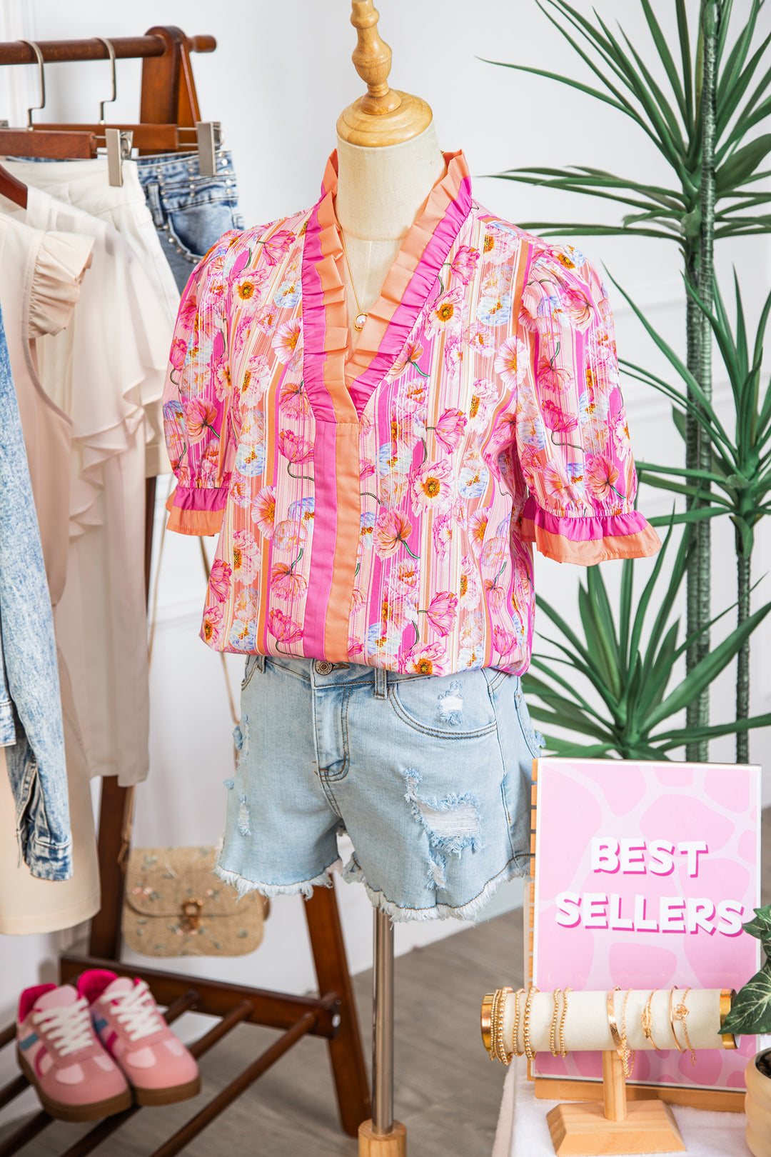 Pink Poppy Flower Striped Print Color Block Trim V Neck Short Sleeve Blouse