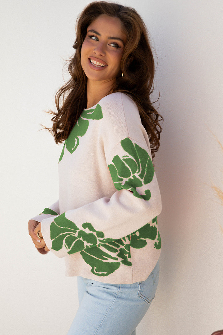 Green / Beige Bold Flower Pattern Wide Sleeve Baggy Sweater