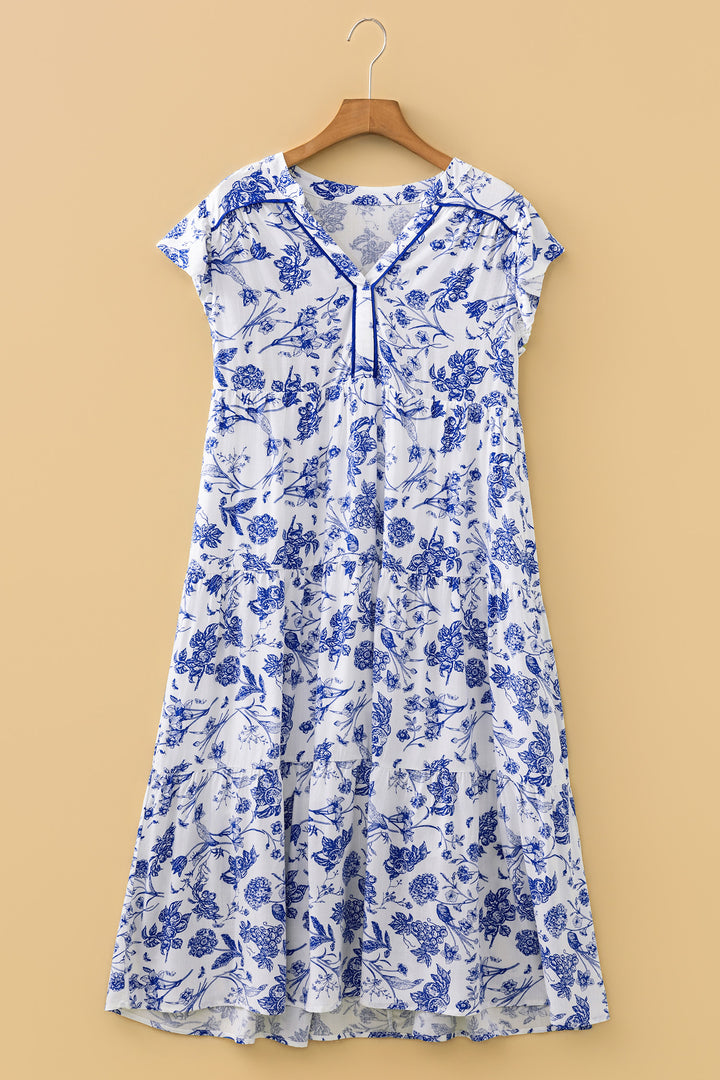 Blue Ruffled Short Sleeve Tiered Floral Midi Dress