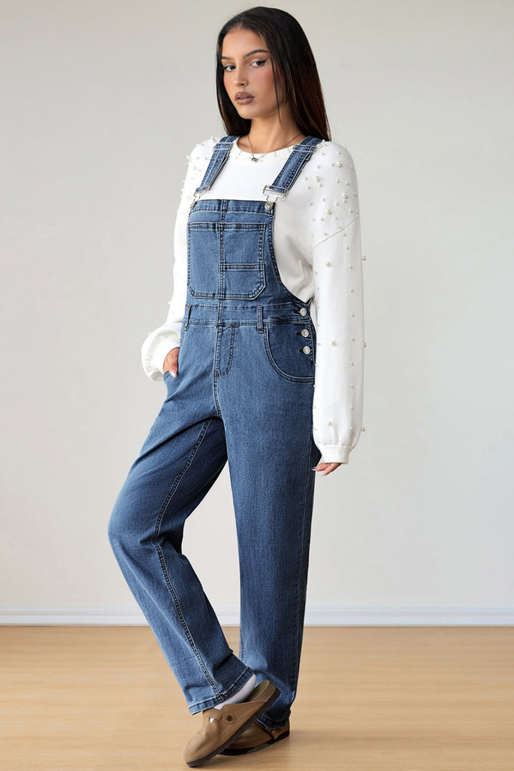 Light Blue Retro Bib Pocket Buckle Straps Casual Denim Jumpsuit