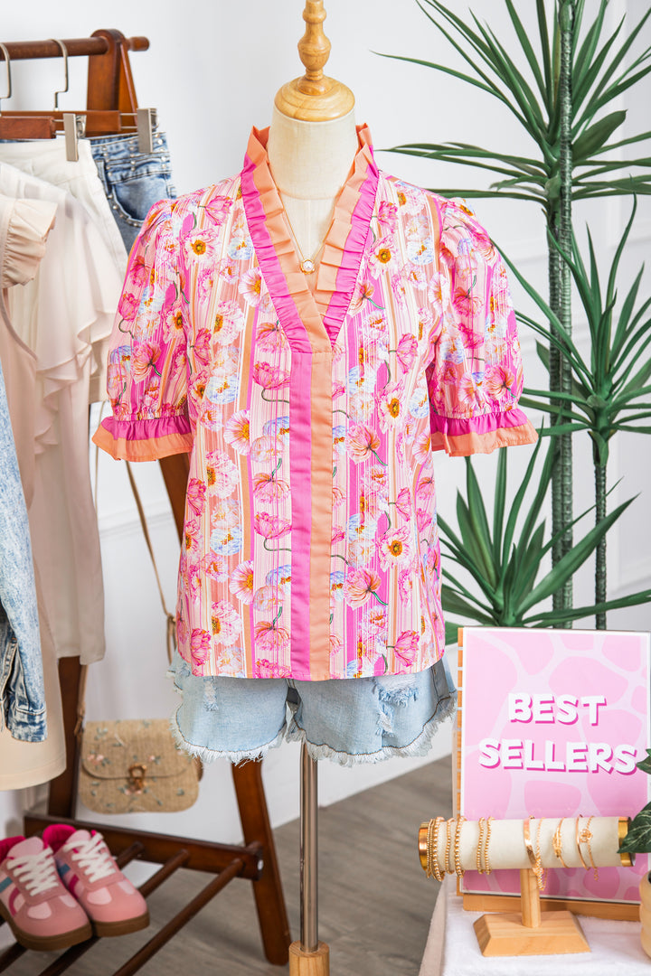 Pink Poppy Flower Striped Print Color Block Trim V Neck Short Sleeve Blouse
