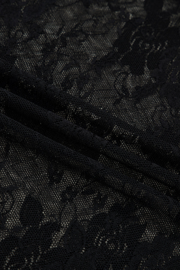 Black Floral Lace Mesh Short Sleeve Sheer Top