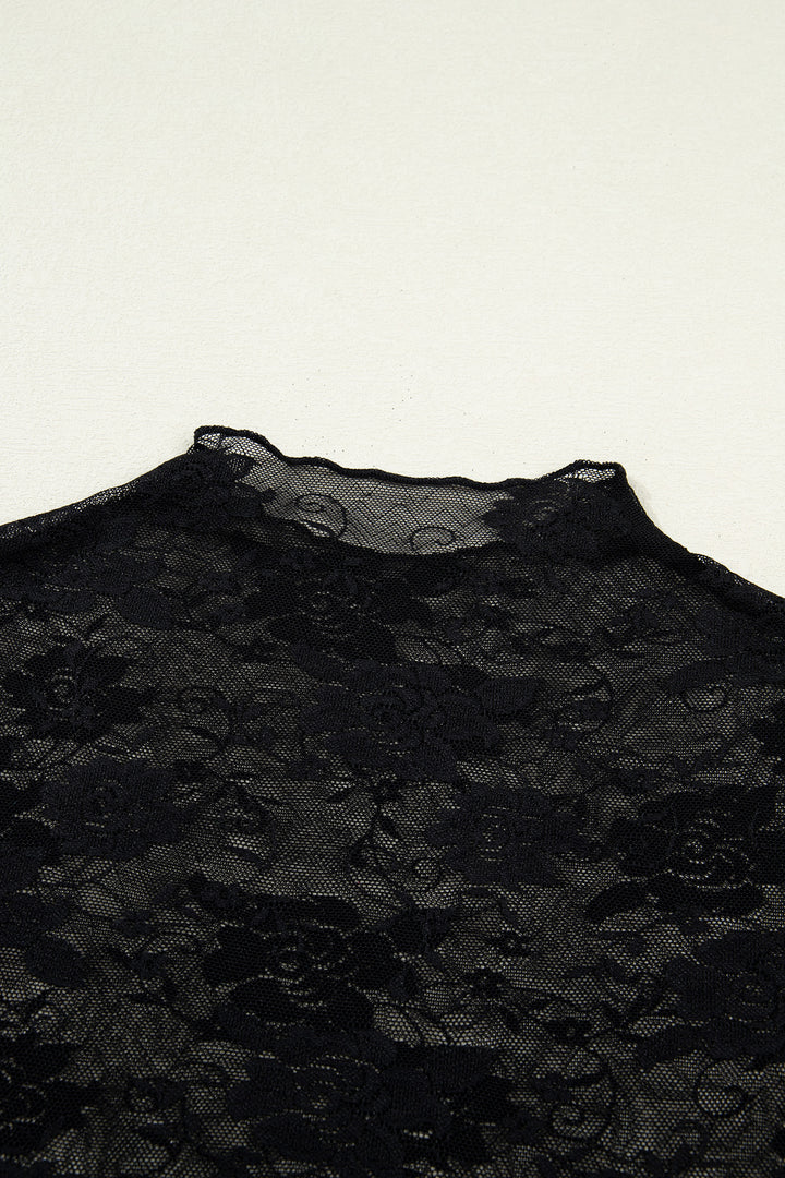 Black Floral Lace Mesh Short Sleeve Sheer Top