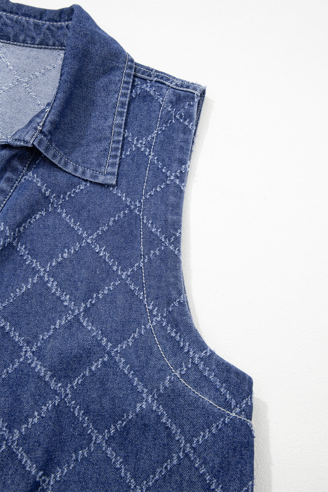 Sail Blue Rhombus Textured Collar Buttoned V Neck Denim Sleeveless Mini Dress