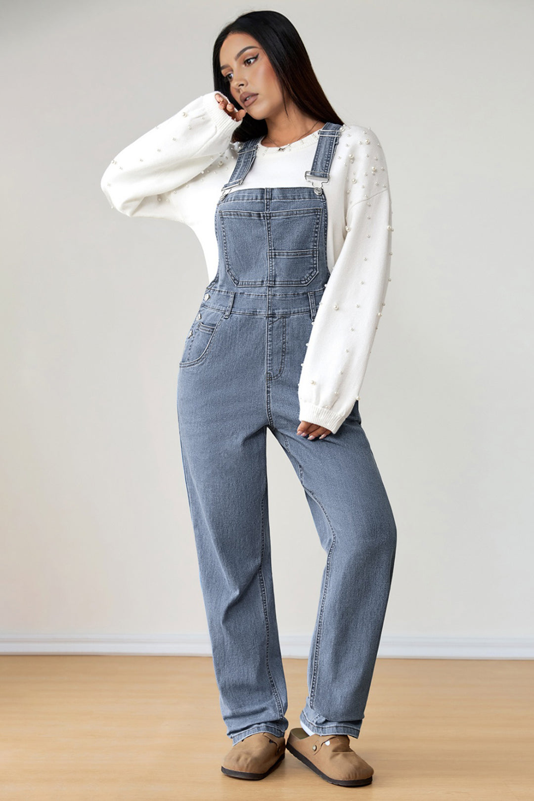 Light Blue Retro Bib Pocket Buckle Straps Casual Denim Jumpsuit