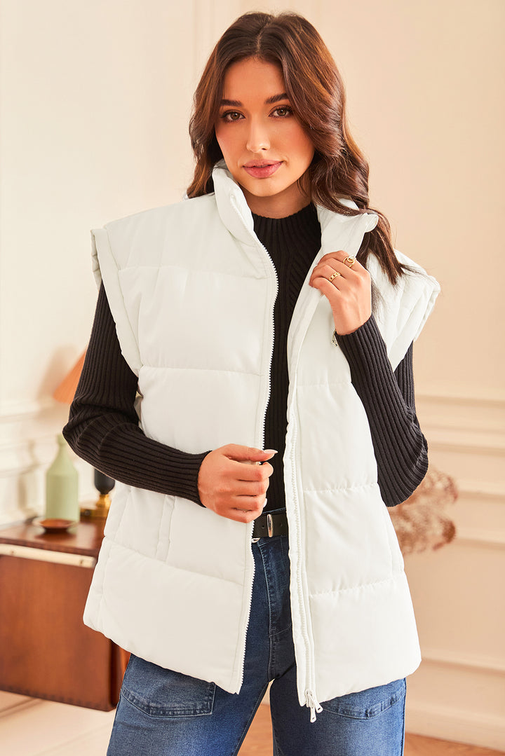 White Zipper Stand Neck Oversized Puffer Vest